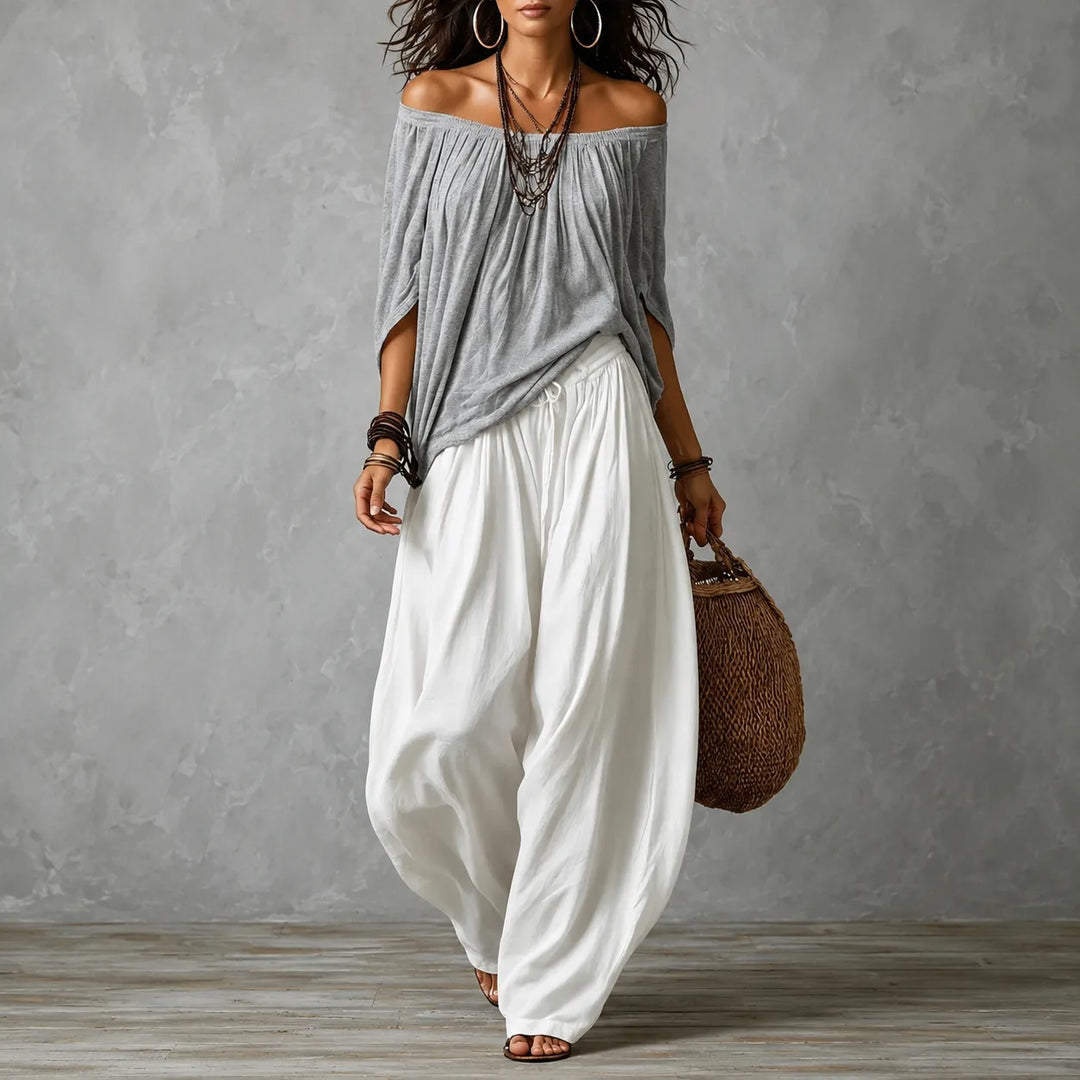 Solenza – Off-Shoulder Boho Top and Lantern Pants Set for Women