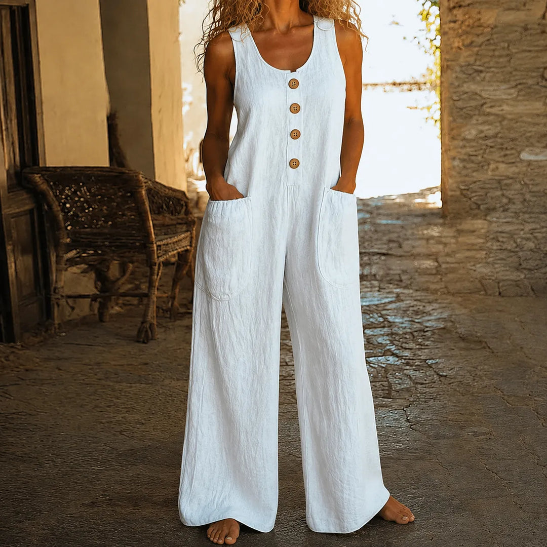 Soliva – Sleeveless Wide-Leg Cotton Jumpsuit with Pockets and Buttons