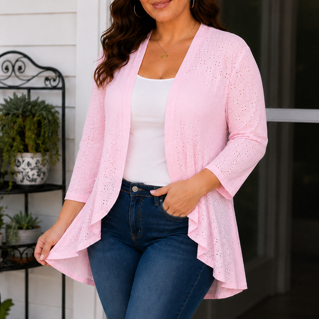 Veluna – Lightweight Eyelet Open-Front Cardigan for Women, 3/4 Sleeve Ruffle Hem Summer Layer