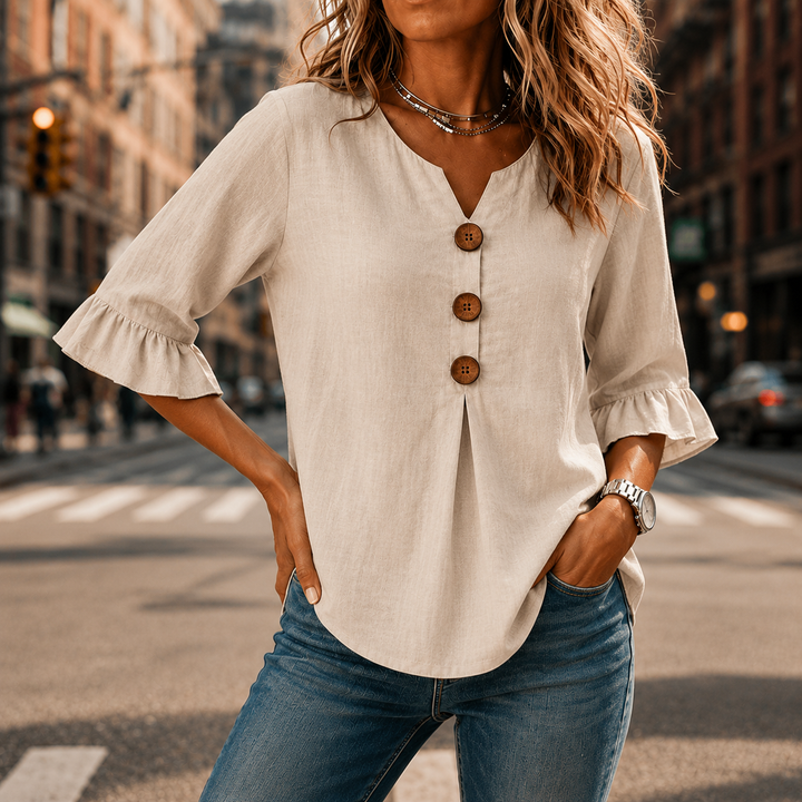 Laurelle™ – V-Neck Ruffle Sleeve Blouse with Buttons