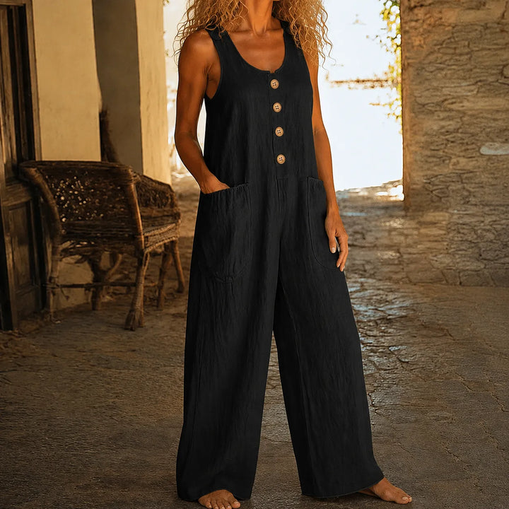 Soliva – Sleeveless Wide-Leg Cotton Jumpsuit with Pockets and Buttons