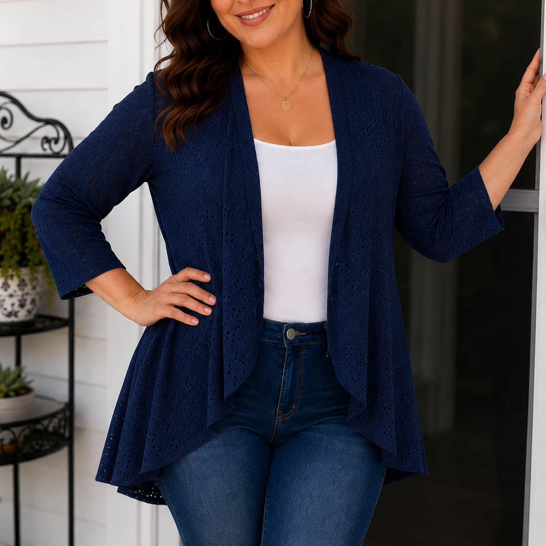 Veluna – Lightweight Eyelet Open-Front Cardigan for Women, 3/4 Sleeve Ruffle Hem Summer Layer