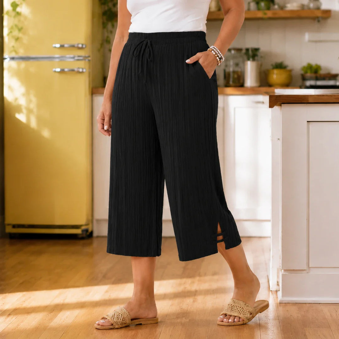 Velora – Ribbed Wide-Leg Capri Pants with Drawstring Waist &amp; Side Slit, Plus Size 1XL–5XL