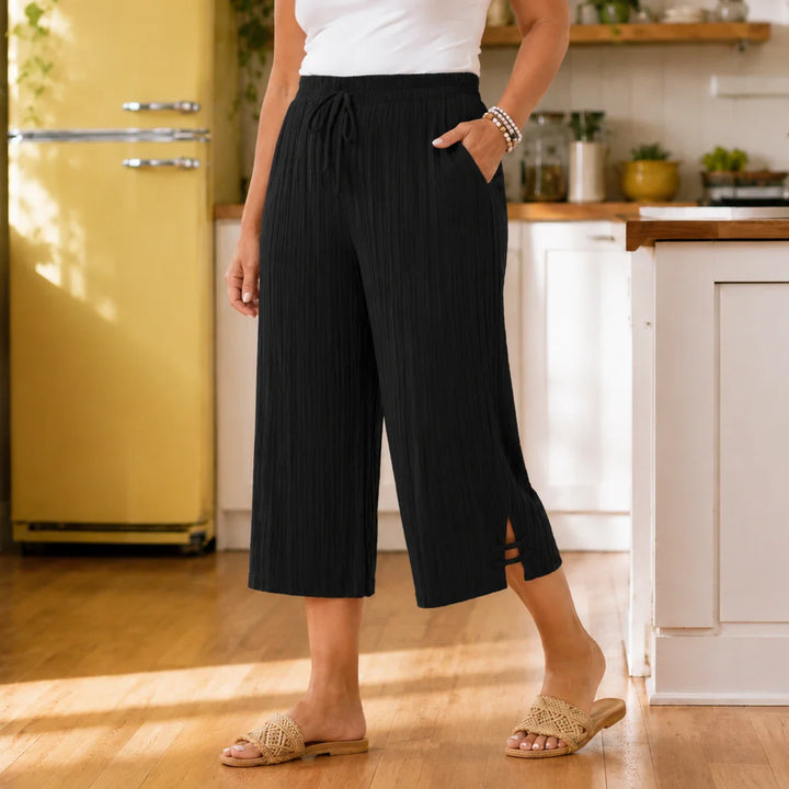 Velora – Ribbed Wide-Leg Capri Pants with Drawstring Waist &amp; Side Slit, Plus Size 1XL–5XL