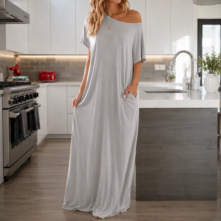Solenne – Off-Shoulder Drape Maxi Dress with Side Pockets, Soft Viscose Throw-On Summer Dress