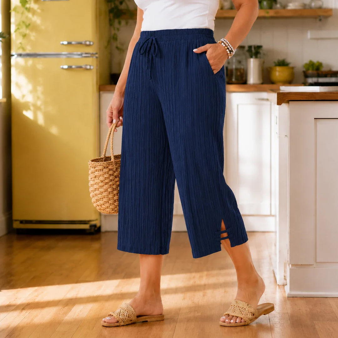 Velora – Ribbed Wide-Leg Capri Pants with Drawstring Waist &amp; Side Slit, Plus Size 1XL–5XL