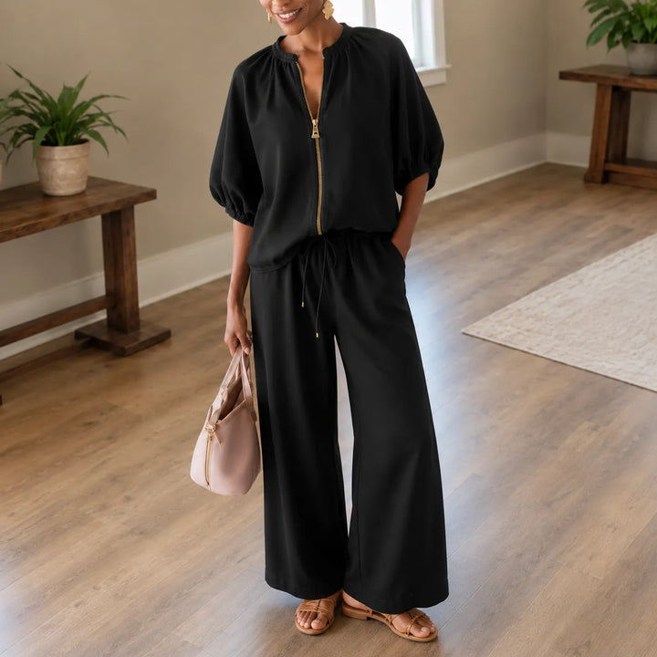 Lunavia – Puff Sleeve Wide Leg Matching Set with Drawstring Waist