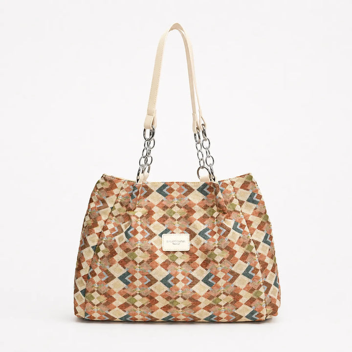 Florella – Woven Leopard Print Tote Bag with Leather Trim and Gold Chain