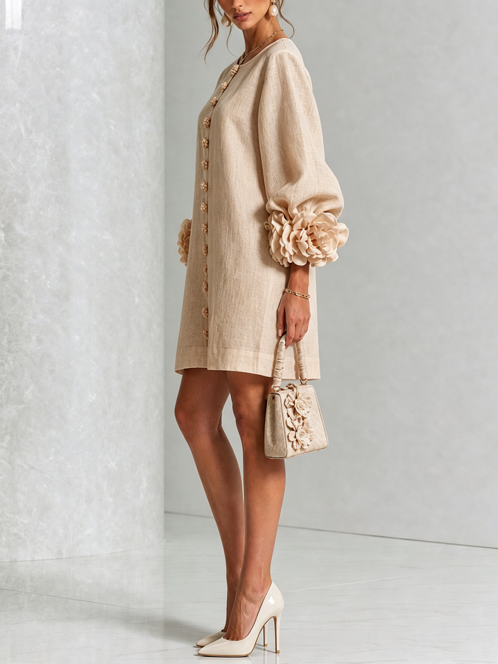 Floral - Button-down Mini Dress With Striking Floral Cuffs