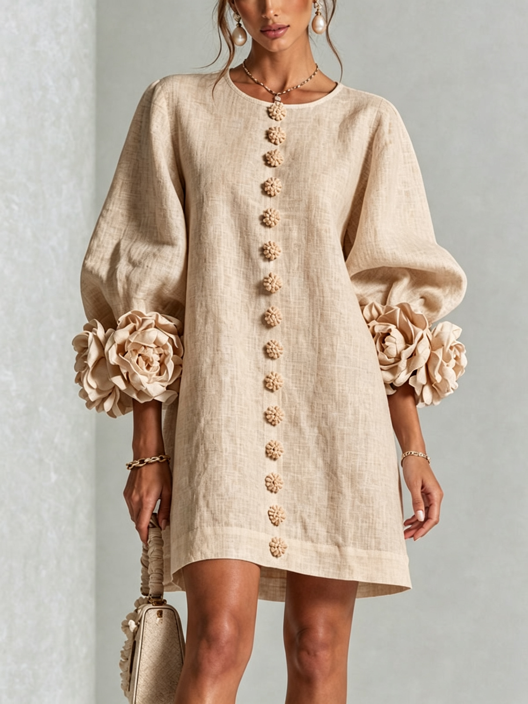 Floral - Button-down Mini Dress With Striking Floral Cuffs