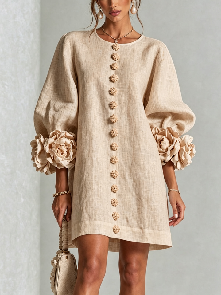 Floral - Button-down Mini Dress With Striking Floral Cuffs