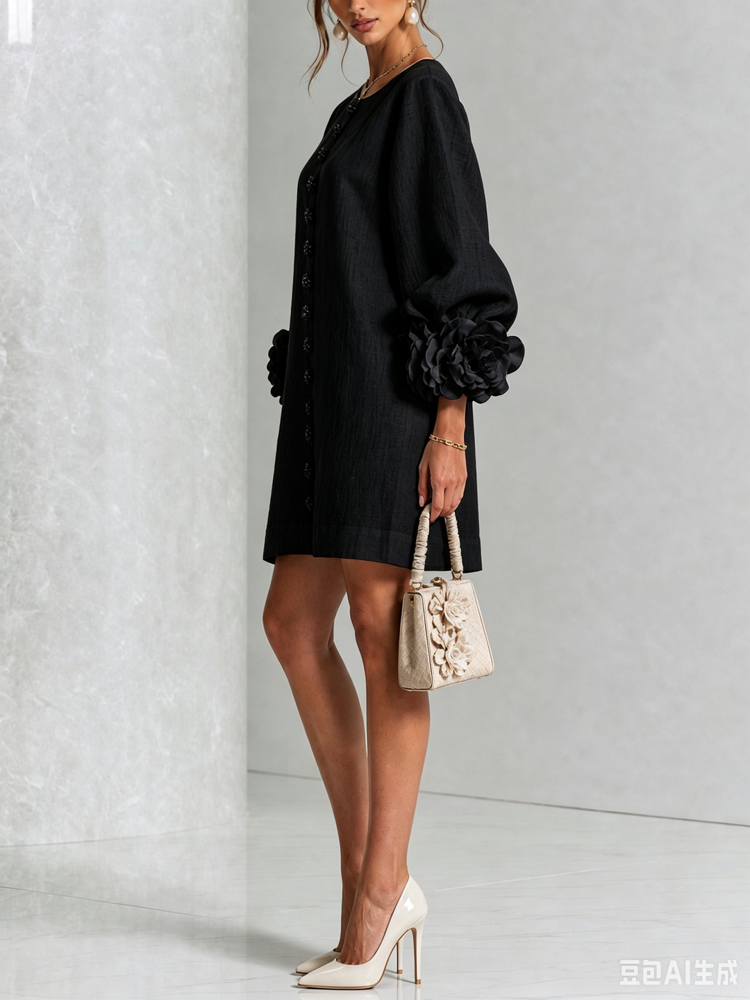 Floral - Button-down Mini Dress With Striking Floral Cuffs
