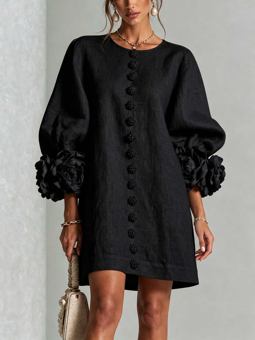 Floral - Button-down Mini Dress With Striking Floral Cuffs