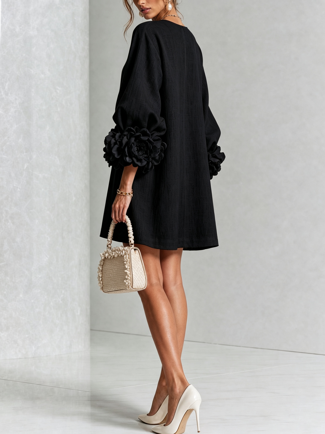 Floral - Button-down Mini Dress With Striking Floral Cuffs