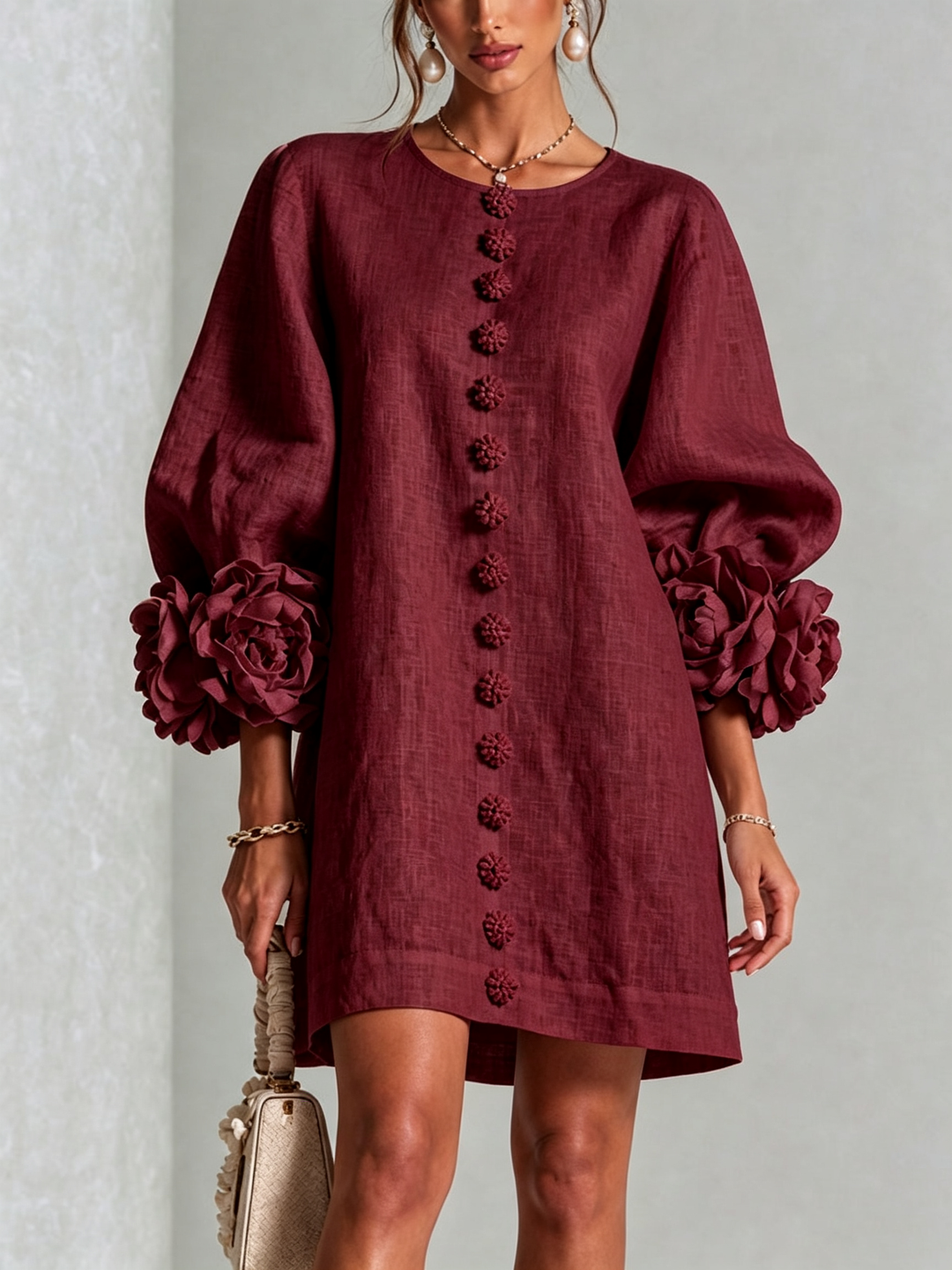 Floral - Button-down Mini Dress With Striking Floral Cuffs