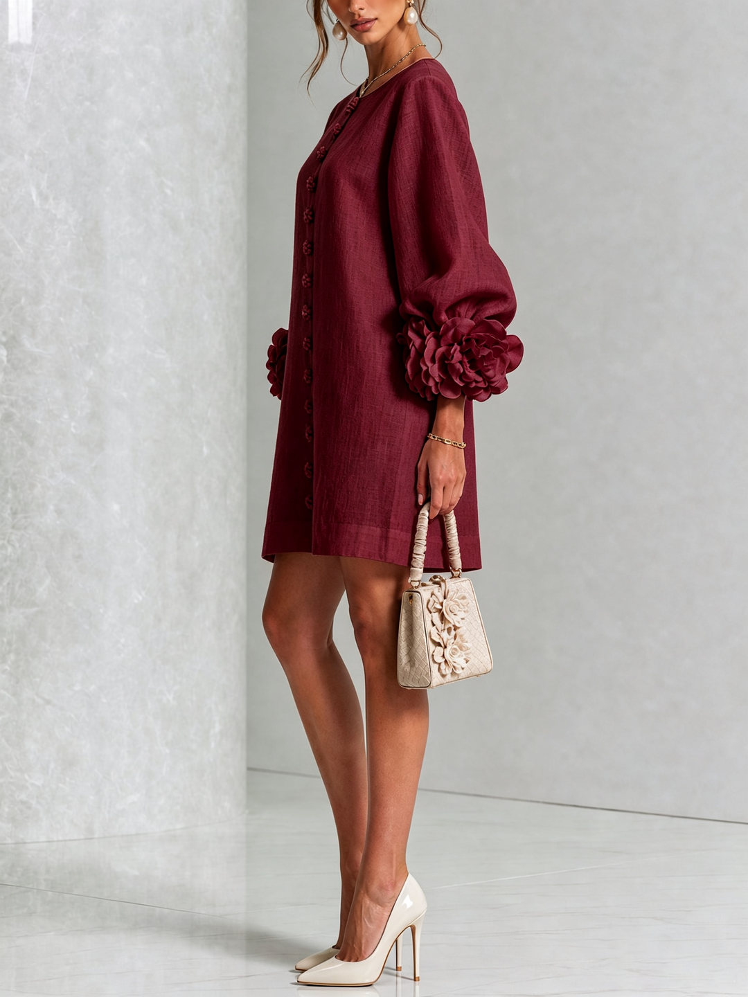 Floral - Button-down Mini Dress With Striking Floral Cuffs
