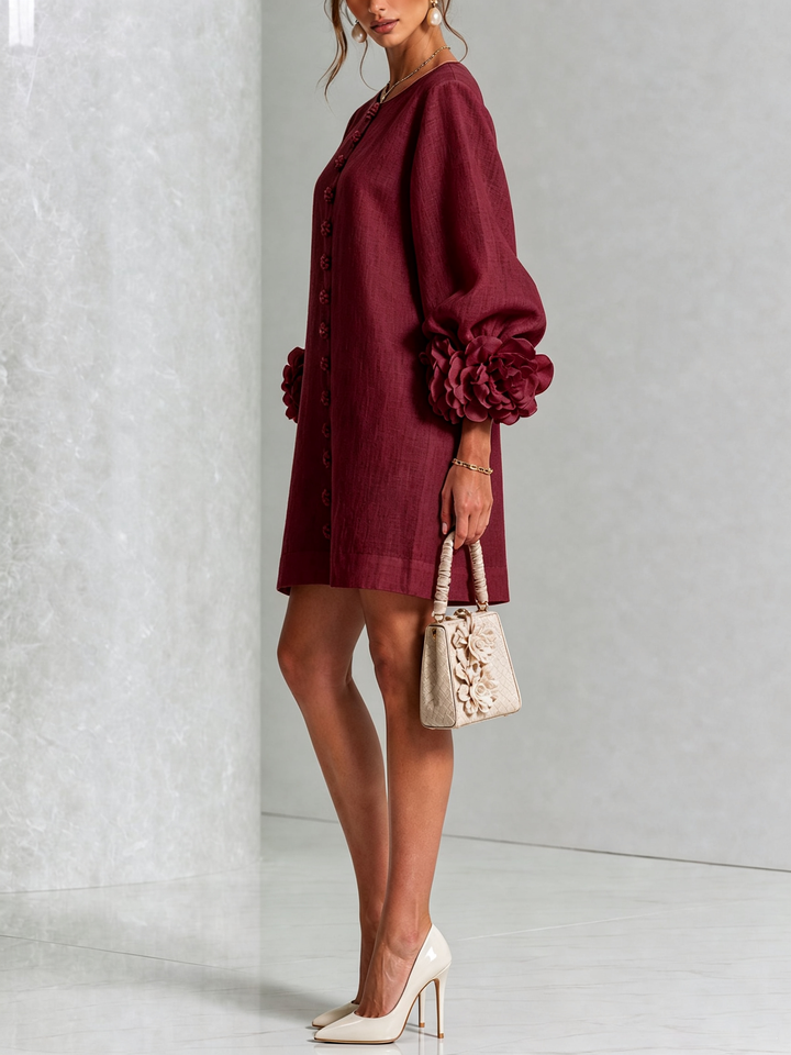 Floral - Button-down Mini Dress With Striking Floral Cuffs