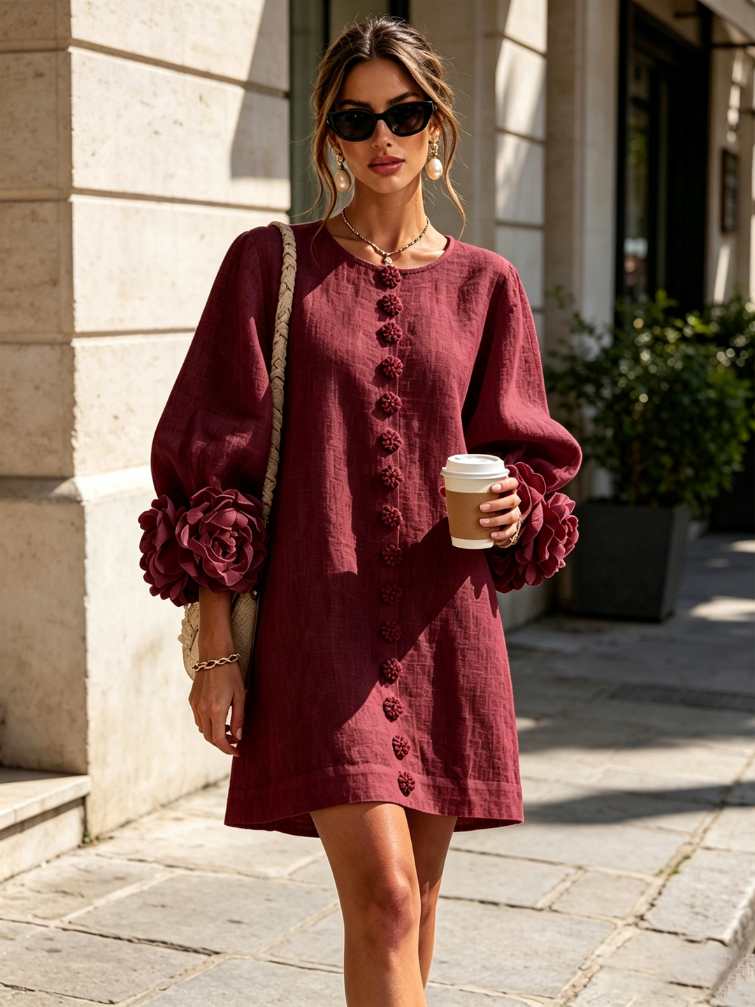 Floral - Button-down Mini Dress With Striking Floral Cuffs