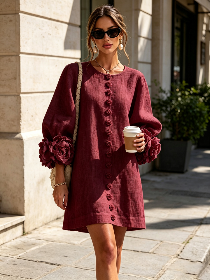 Floral - Button-down Mini Dress With Striking Floral Cuffs