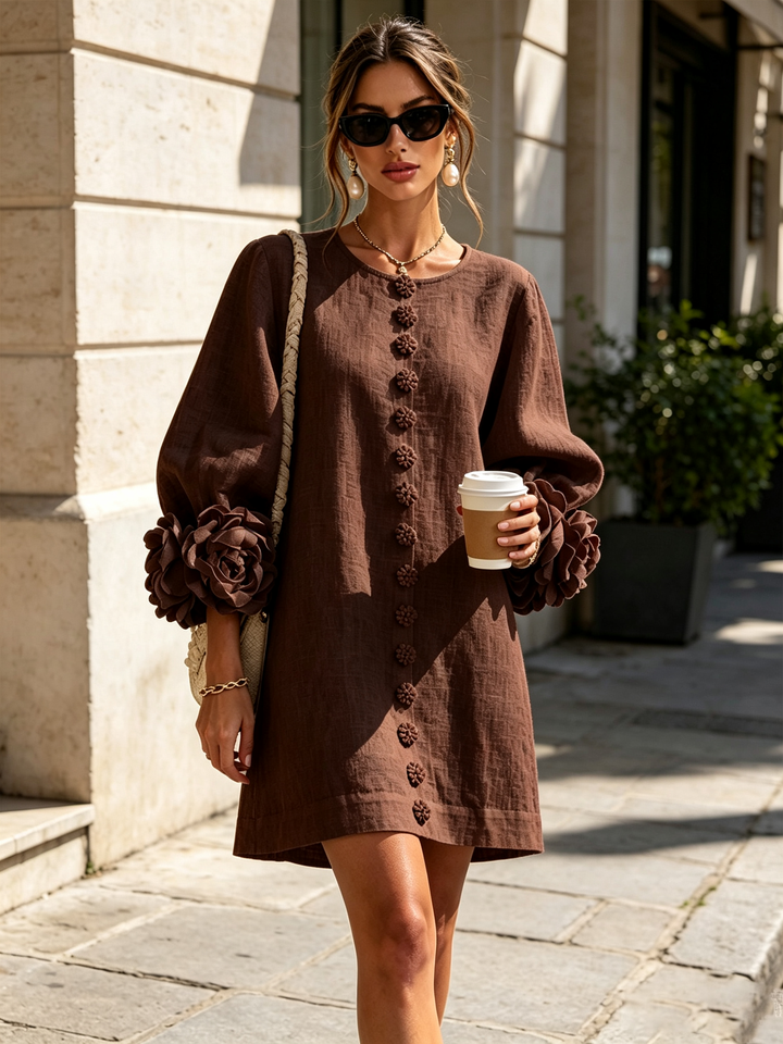 Floral - Button-down Mini Dress With Striking Floral Cuffs