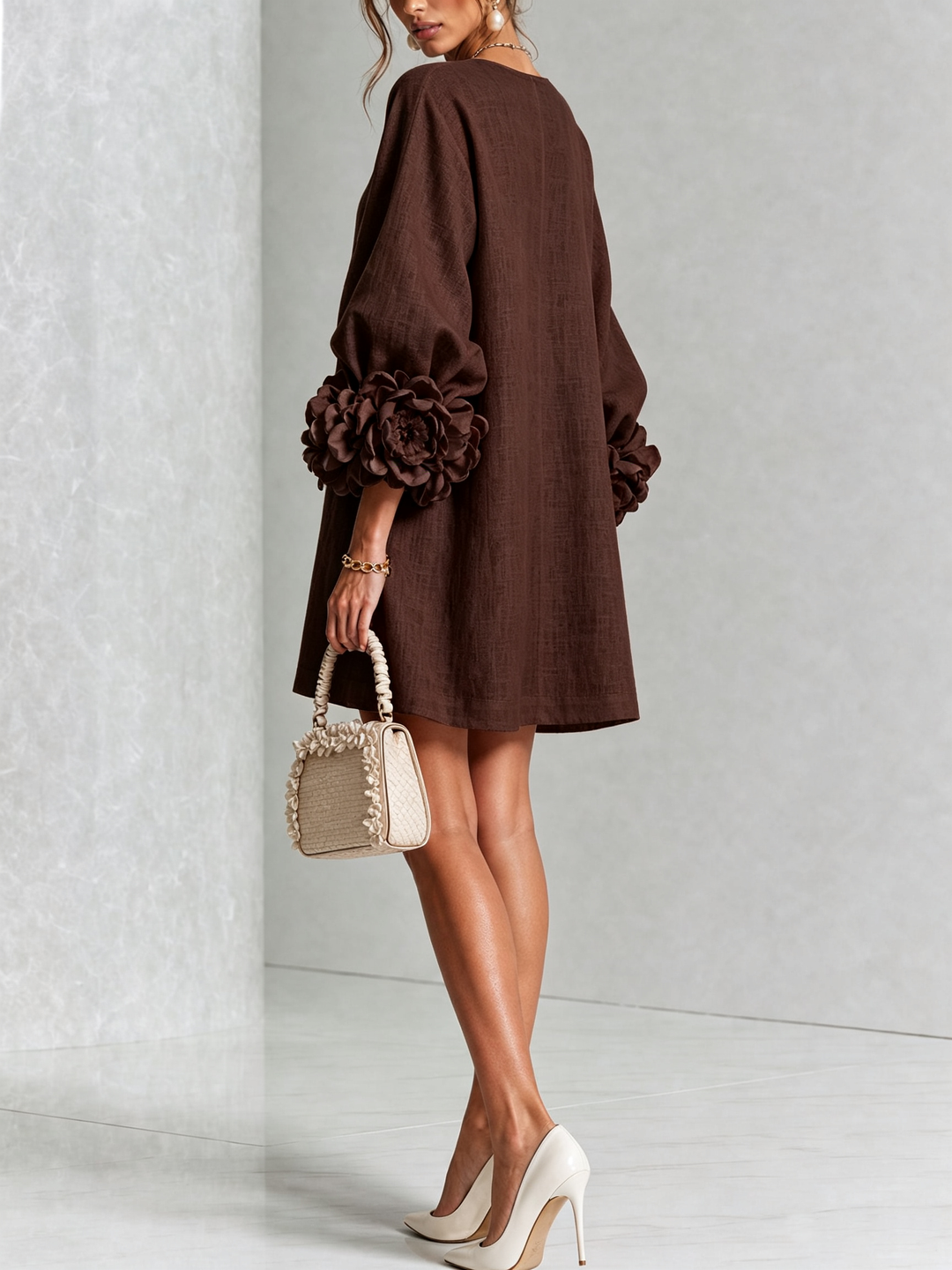Floral - Button-down Mini Dress With Striking Floral Cuffs