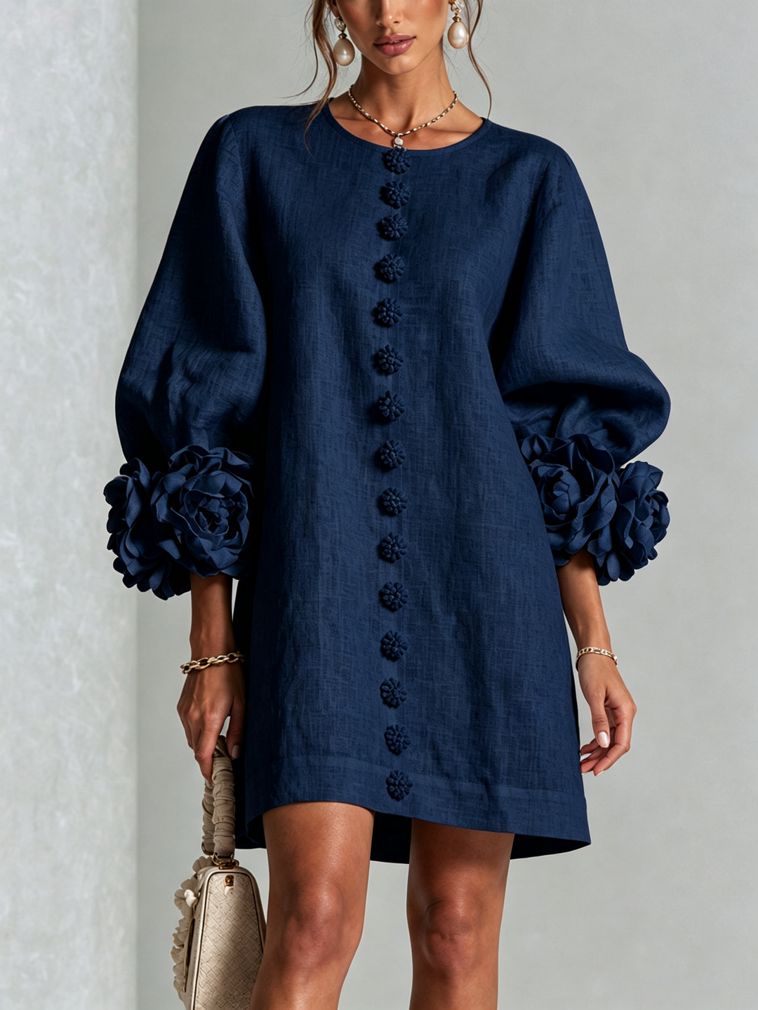 Floral - Button-down Mini Dress With Striking Floral Cuffs