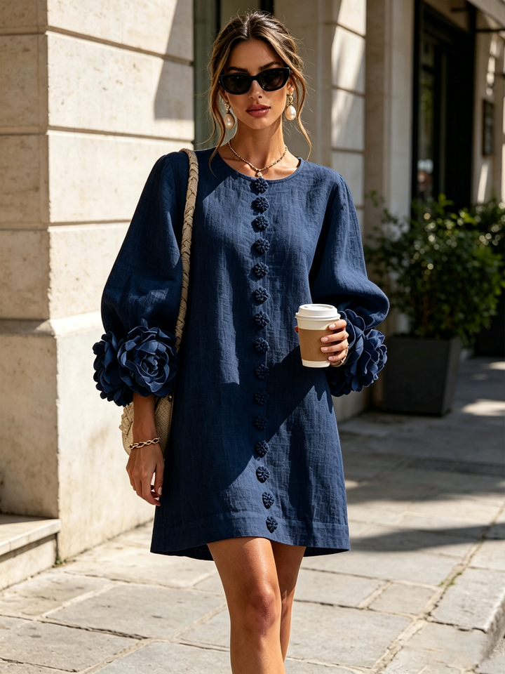 Floral - Button-down Mini Dress With Striking Floral Cuffs