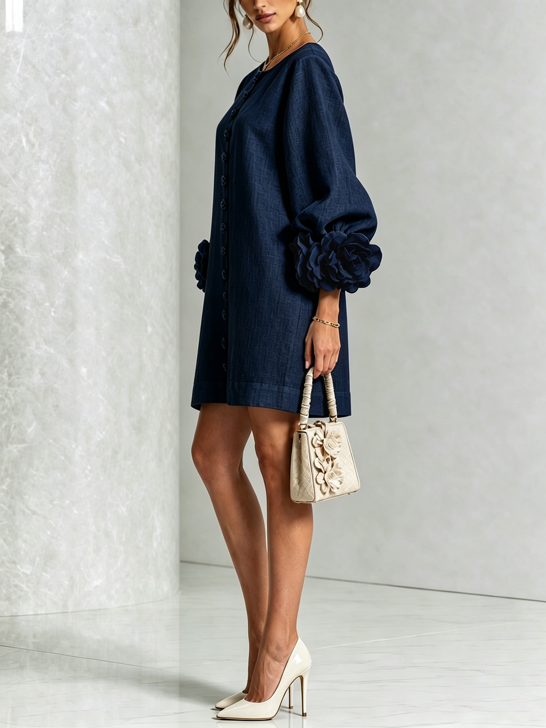 Floral - Button-down Mini Dress With Striking Floral Cuffs