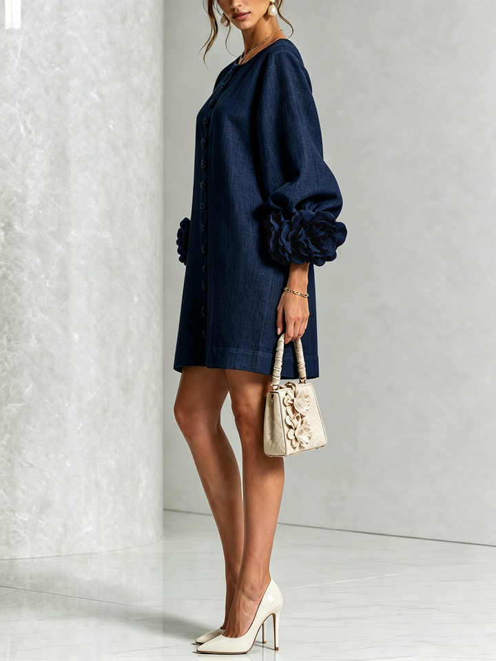 Floral - Button-down Mini Dress With Striking Floral Cuffs