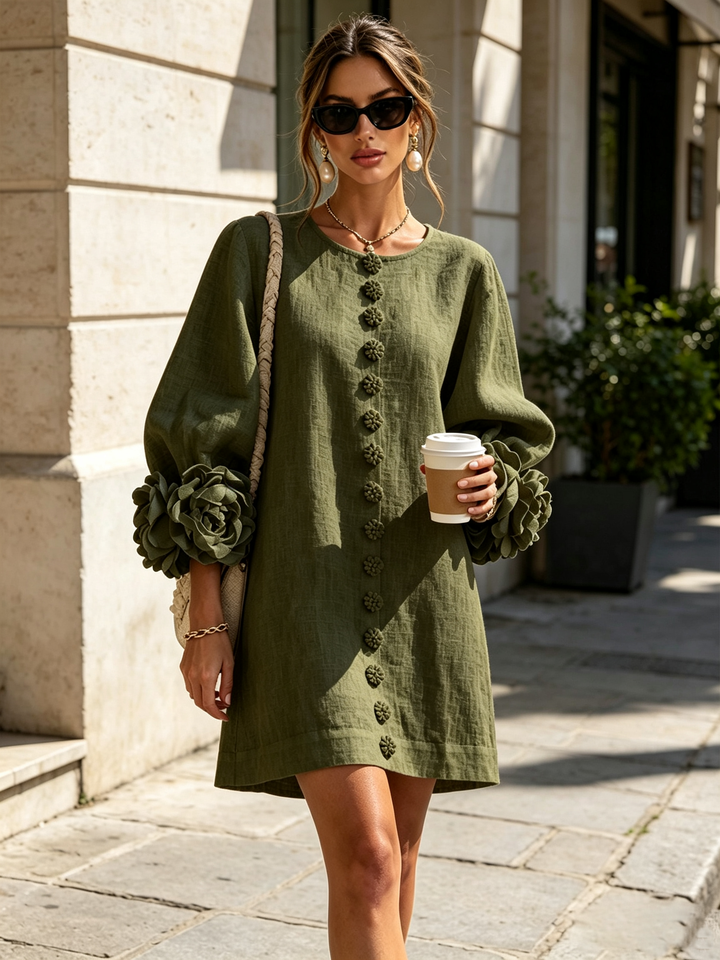 Floral - Button-down Mini Dress With Striking Floral Cuffs