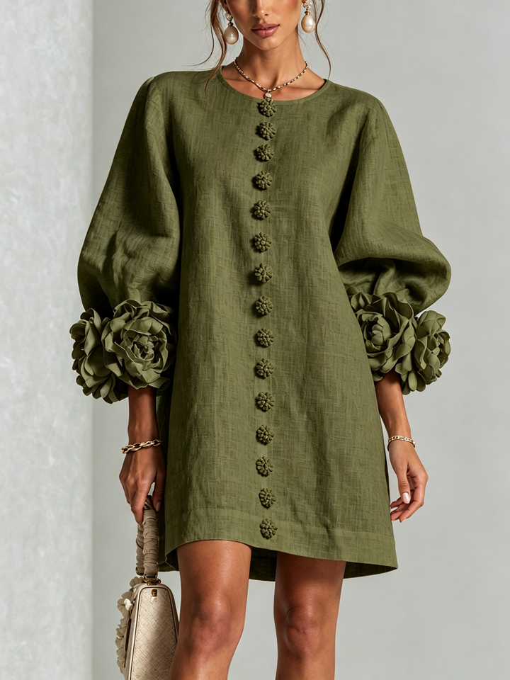 Floral - Button-down Mini Dress With Striking Floral Cuffs
