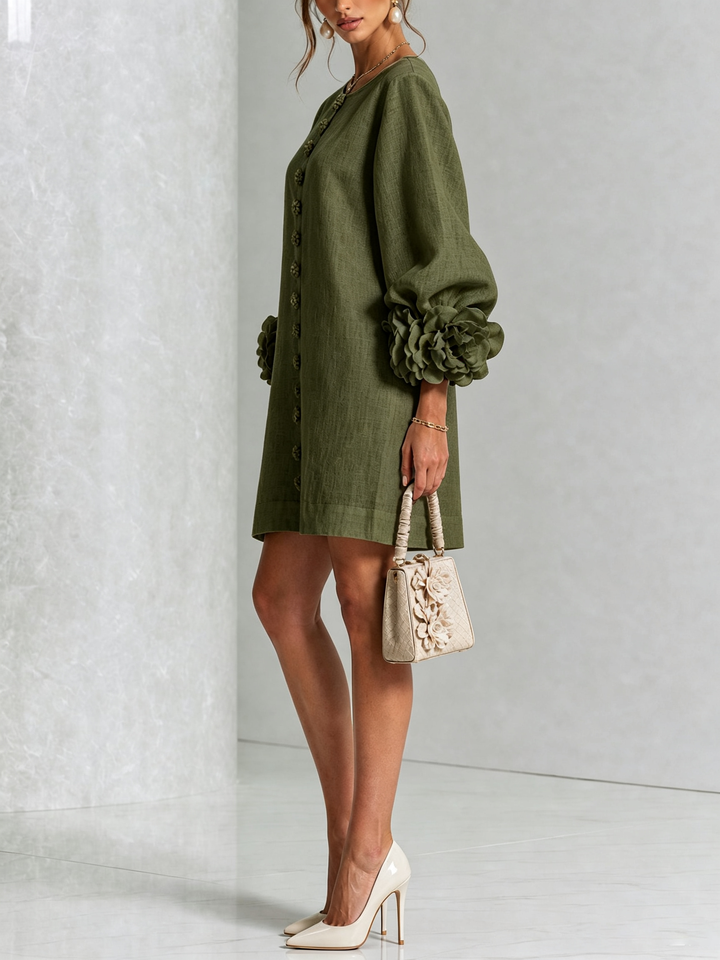 Floral - Button-down Mini Dress With Striking Floral Cuffs