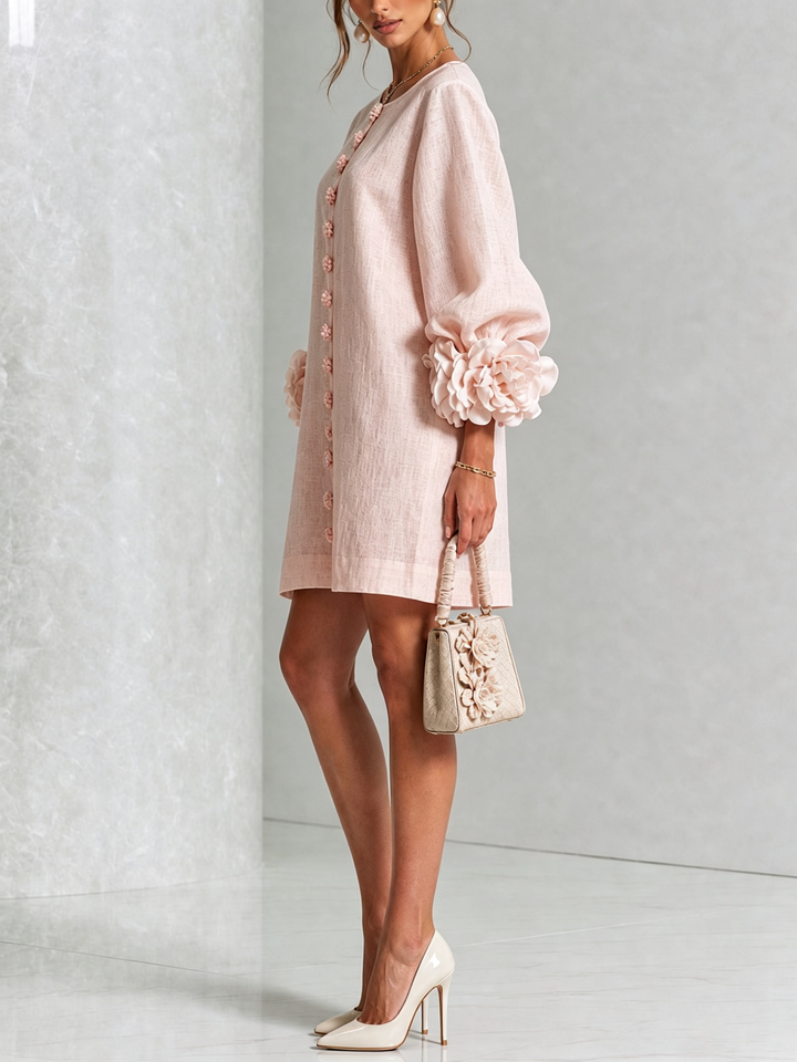Floral - Button-down Mini Dress With Striking Floral Cuffs