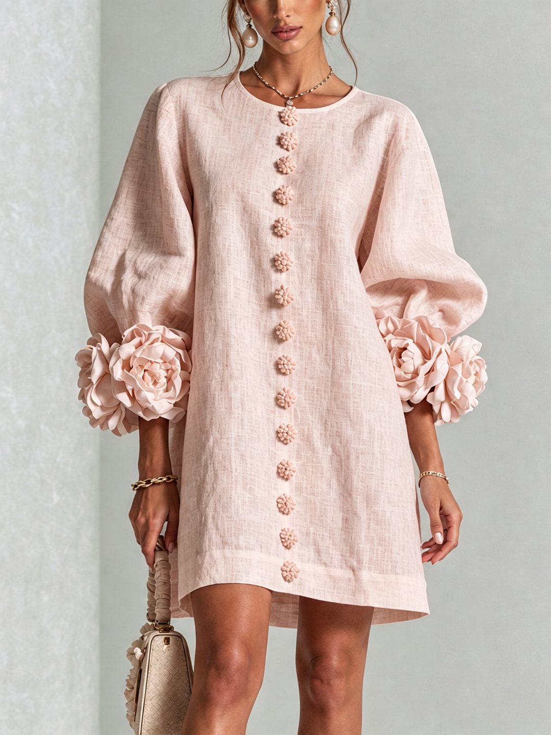 Floral - Button-down Mini Dress With Striking Floral Cuffs