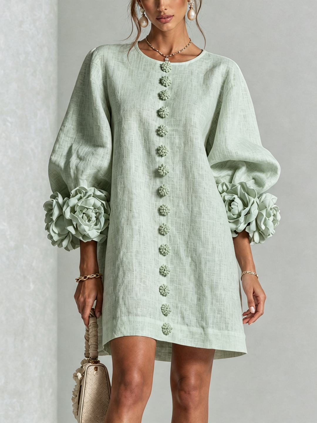 Floral - Button-down Mini Dress With Striking Floral Cuffs