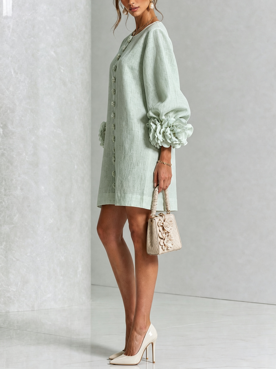 Floral - Button-down Mini Dress With Striking Floral Cuffs