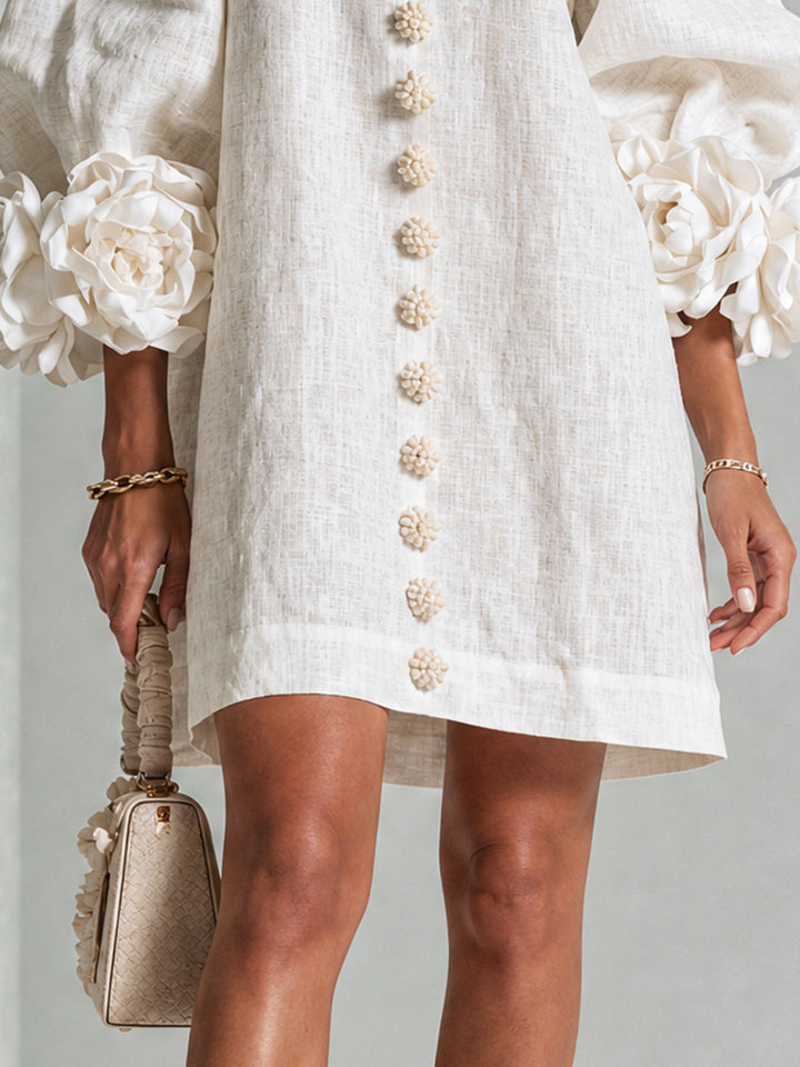 Floral - Button-down Mini Dress With Striking Floral Cuffs