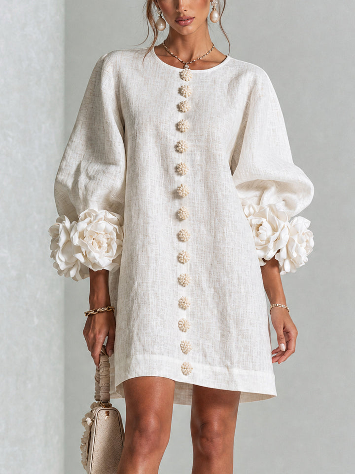Floral - Button-down Mini Dress With Striking Floral Cuffs