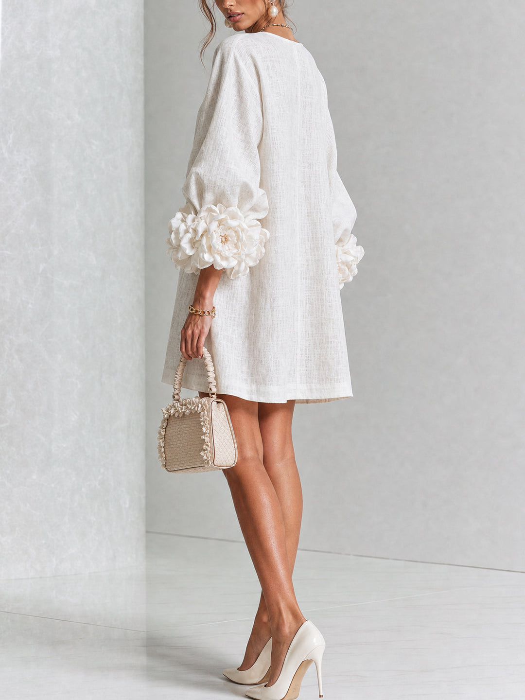 Floral - Button-down Mini Dress With Striking Floral Cuffs