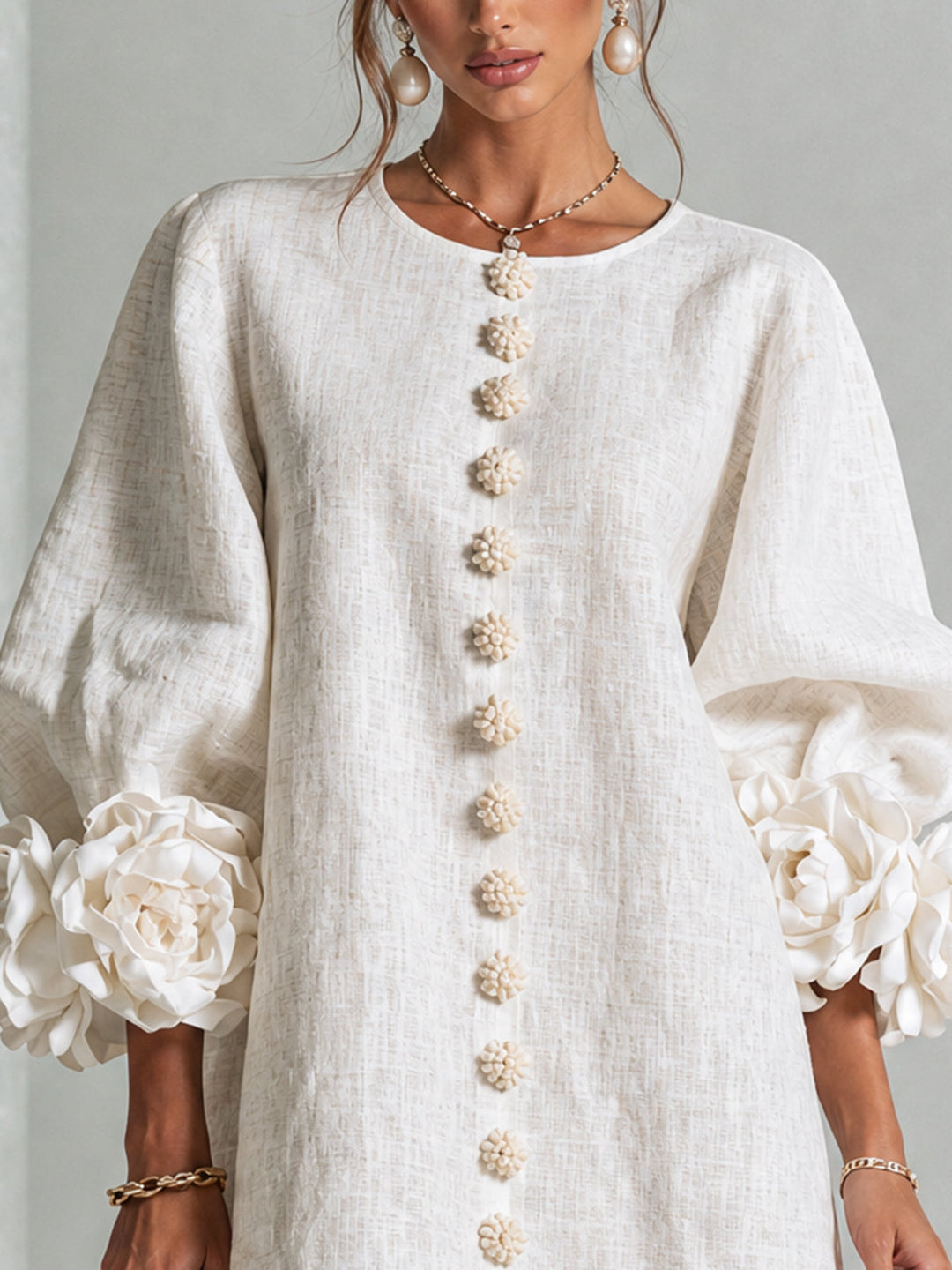 Floral - Button-down Mini Dress With Striking Floral Cuffs