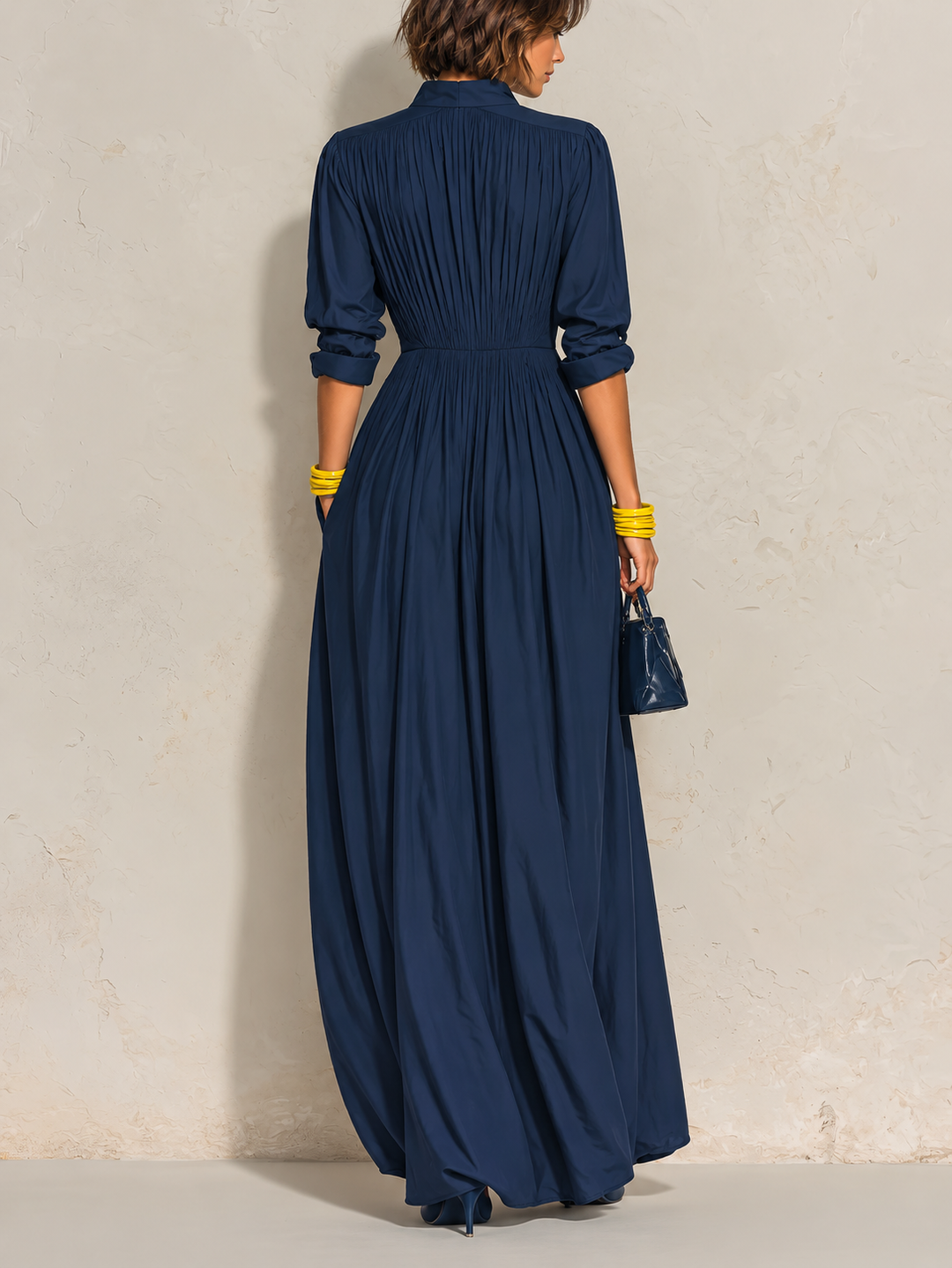 Navy Blue Pleated V-neck Long Dress