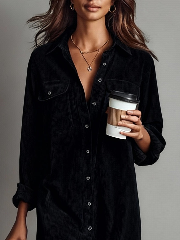 Evelyn - Loose Corduroy Double Chest Pocket Single Breasted Midi Dress