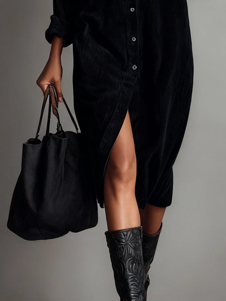 Evelyn - Loose Corduroy Double Chest Pocket Single Breasted Midi Dress