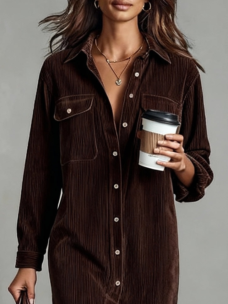 Evelyn - Loose Corduroy Double Chest Pocket Single Breasted Midi Dress
