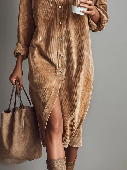 Evelyn - Loose Corduroy Double Chest Pocket Single Breasted Midi Dress