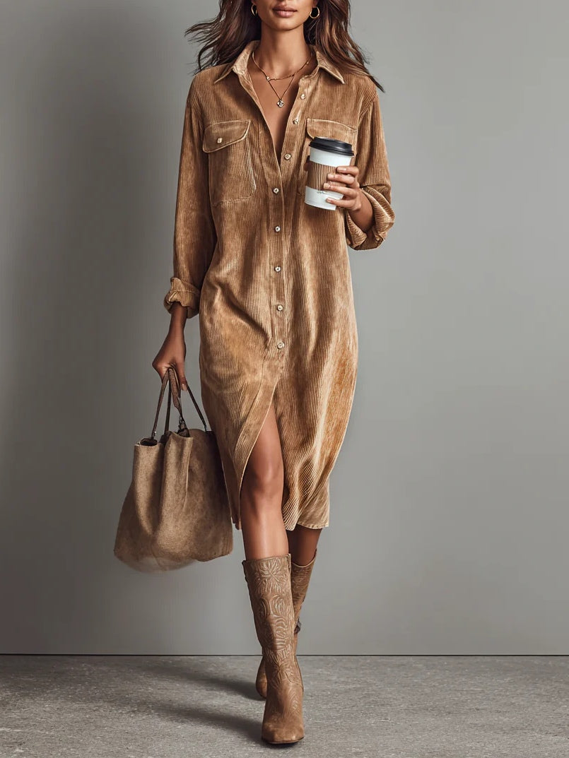 Evelyn - Loose Corduroy Double Chest Pocket Single Breasted Midi Dress