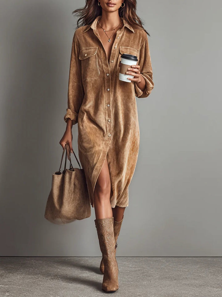 Evelyn - Loose Corduroy Double Chest Pocket Single Breasted Midi Dress