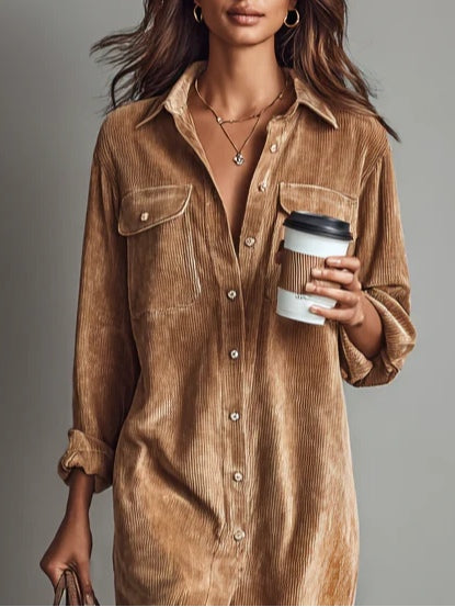 Evelyn - Loose Corduroy Double Chest Pocket Single Breasted Midi Dress