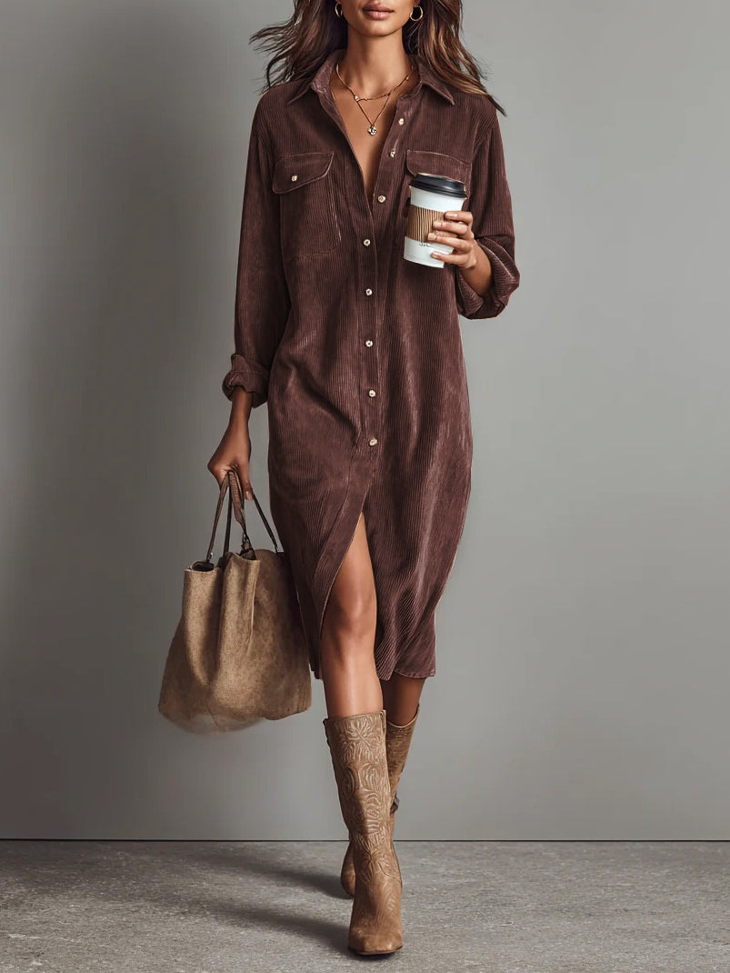 Evelyn - Loose Corduroy Double Chest Pocket Single Breasted Midi Dress