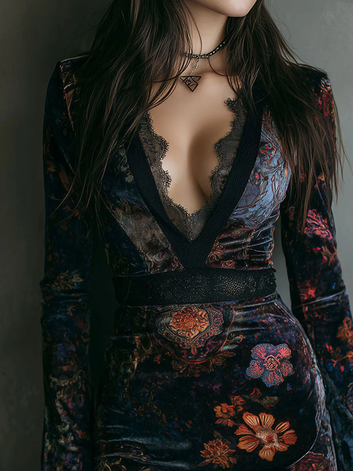 Posy | Floral Velvet Lace-Trim Mini Dress